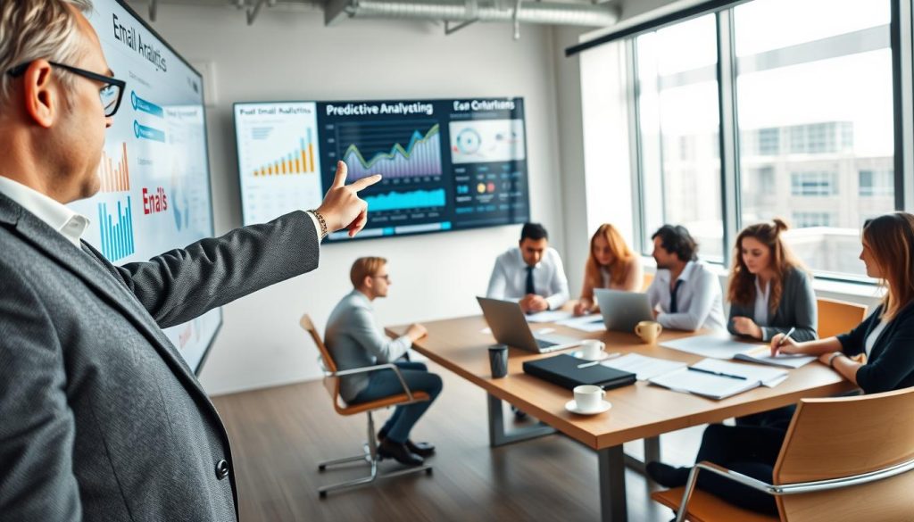 A modern office space showcasing a diverse group of professionals engaged in email marketing strategies, with one person analyzing data on a large digital screen displaying predictive analytics graphs and charts. The foreground focuses on a middle-aged man in a smart blazer, pointing at the screen with enthusiasm. In the middle ground, a young woman in business attire types on a laptop, while a diverse team enthusiastically discusses around a brainstorming table filled with data sheets and coffee cups. The background features bright, natural lighting coming through large windows, creating a vibrant and focused atmosphere. The scene conveys a sense of collaboration, innovation, and technological advancement in email marketing. Use a wide-angle lens perspective to capture the dynamic work environment.