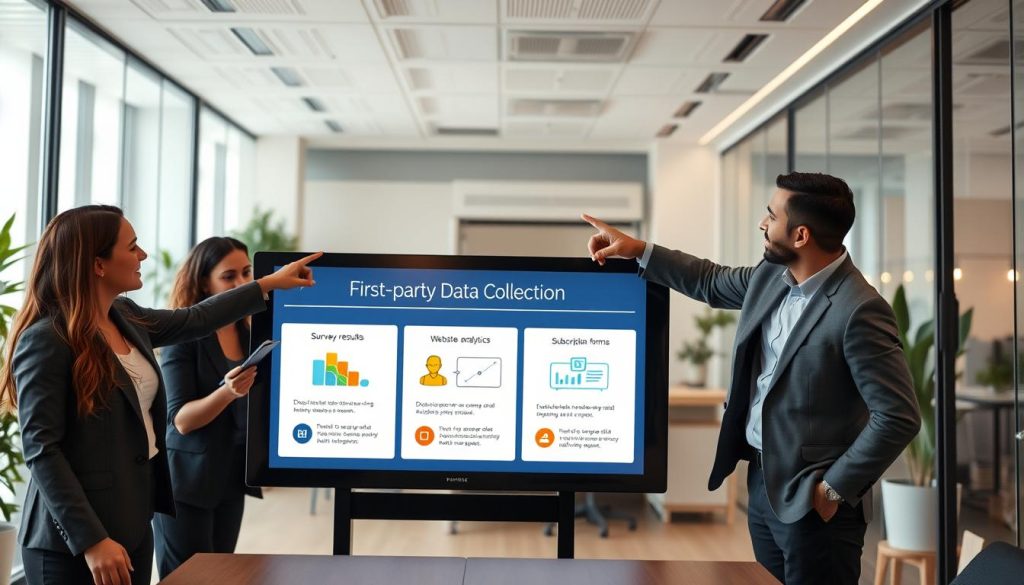 A modern office workspace with a large digital screen displaying various first-party data collection methods for email personalization. In the foreground, a diverse group of three professionals in business attire—two women and one man—are engaged in a brainstorming session, pointing at the screen with enthusiasm. In the middle, infographics showcasing survey results, website analytics, and subscription forms are prominently displayed on the screen, with colorful icons illustrating each method. The background features a sleek, minimalist office with glass walls, potted plants, and soft, ambient lighting that creates a productive atmosphere. The image should have a warm and inviting vibe, highlighting collaboration and innovation in data-driven marketing strategies. Use a low-angle perspective to emphasize the screen and the engagement of the professionals. A modern office workspace with a large digital screen displaying various first-party data collection methods for email personalization. In the foreground, a diverse group of three professionals in business attire—two women and one man—are engaged in a brainstorming session, pointing at the screen with enthusiasm. In the middle, infographics showcasing survey results, website analytics, and subscription forms are prominently displayed on the screen, with colorful icons illustrating each method. The background features a sleek, minimalist office with glass walls, potted plants, and soft, ambient lighting that creates a productive atmosphere. The image should have a warm and inviting vibe, highlighting collaboration and innovation in data-driven marketing strategies. Use a low-angle perspective to emphasize the screen and the engagement of the professionals.