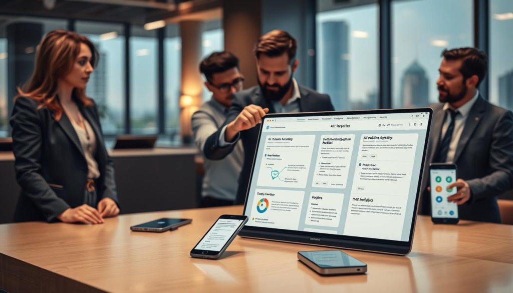 A modern workspace with a sleek desk featuring a laptop displaying charts and email templates related to AI sales prospecting. In the foreground, a diverse group of three professionals, a woman in a smart blazer and two men in business attire, are engaged in discussion, with one pointing to the laptop screen. The middle layer showcases various digital devices like smartphones and tablets displaying notifications about email marketing tools and data analytics. The background is subtly lit with warm office lighting, and large windows reveal a cityscape, adding depth. The overall mood is dynamic and focused, conveying innovation and collaboration in technology-driven sales strategies.