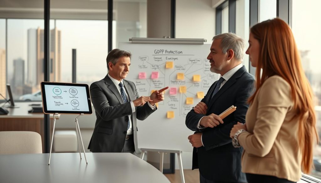 A professional office environment with a sleek, modern design in the foreground, featuring a mid-aged male and female in business attire, engaged in a discussion about data protection laws. The woman points to a digital tablet displaying a flowchart of GDPR email regulations. In the middle ground, a large whiteboard filled with sticky notes and diagrams illustrating data protection requirements. The background shows a large window with cityscape views, casting soft natural light into the room. The overall atmosphere conveys a sense of seriousness and focus on privacy, underscored by the professional attire and tools associated with corporate compliance and email marketing discussions. The composition should have a clear depth of field and warm color tones to enhance professionalism.