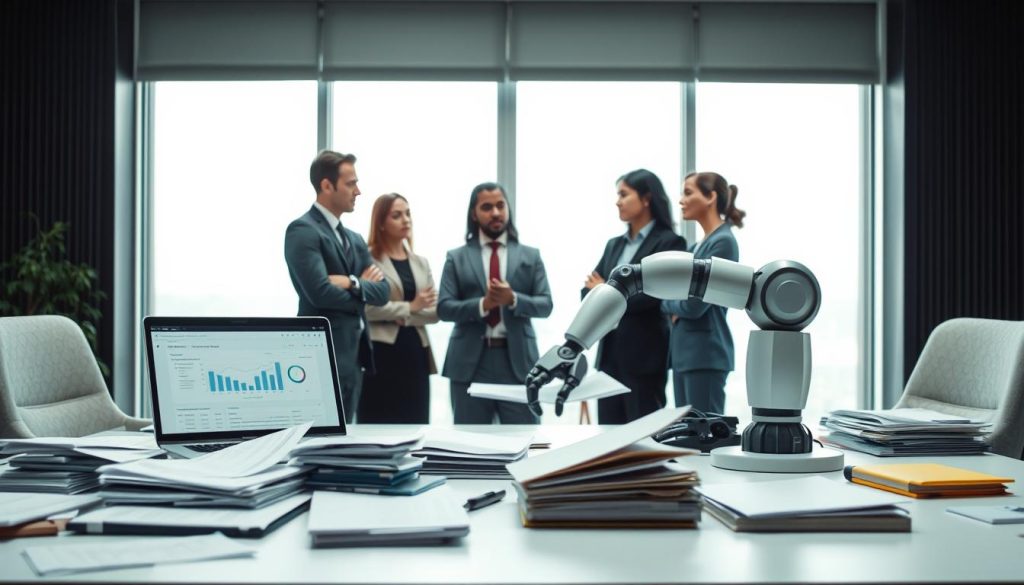 A professional office setting showcasing the challenges of AI in cold outreach. In the foreground, a thoughtfully arranged desk cluttered with documents, a laptop displaying analytics, and a robot arm attempting to send emails, symbolizing the struggle of automation. In the middle, a group of diverse professionals in business attire, engaged in a discussion, expressing concern and contemplation about AI’s effectiveness in outreach. The background features a large window with soft, natural lighting illuminating the space, while muted colors create a serious and reflective atmosphere. The perspective is slightly angled, emphasizing both the desk and the group, conveying a sense of urgency and communication hurdles. A professional office setting showcasing the challenges of AI in cold outreach. In the foreground, a thoughtfully arranged desk cluttered with documents, a laptop displaying analytics, and a robot arm attempting to send emails, symbolizing the struggle of automation. In the middle, a group of diverse professionals in business attire, engaged in a discussion, expressing concern and contemplation about AI’s effectiveness in outreach. The background features a large window with soft, natural lighting illuminating the space, while muted colors create a serious and reflective atmosphere. The perspective is slightly angled, emphasizing both the desk and the group, conveying a sense of urgency and communication hurdles.