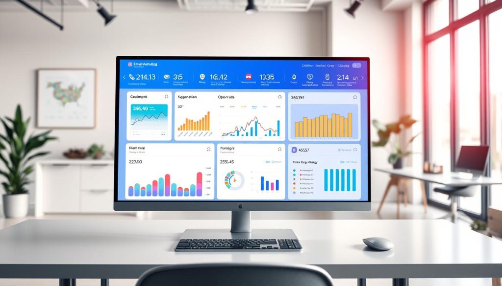 A sleek and modern AI email marketing tools dashboard displayed on a high-resolution computer screen. In the foreground, various vibrant graphs and charts depict email engagement metrics, open rates, and click-through statistics, reflecting real-time data updates. The middle ground showcases a user-friendly interface, featuring intuitive icons for segmentation and automation, all set against a light, visually appealing background. In the background, subtle elements of a contemporary office space can be seen, including a stylish desk and a large window letting in natural light, enhancing the ambiance. The scene is bright and energetic, suggesting innovation and professionalism, with a focus on technology that enhances email strategies. A wide angle captures the full view of the dashboard, emphasizing its complexity and sophistication without any text overlays or distractions. A sleek and modern AI email marketing tools dashboard displayed on a high-resolution computer screen. In the foreground, various vibrant graphs and charts depict email engagement metrics, open rates, and click-through statistics, reflecting real-time data updates. The middle ground showcases a user-friendly interface, featuring intuitive icons for segmentation and automation, all set against a light, visually appealing background. In the background, subtle elements of a contemporary office space can be seen, including a stylish desk and a large window letting in natural light, enhancing the ambiance. The scene is bright and energetic, suggesting innovation and professionalism, with a focus on technology that enhances email strategies. A wide angle captures the full view of the dashboard, emphasizing its complexity and sophistication without any text overlays or distractions.