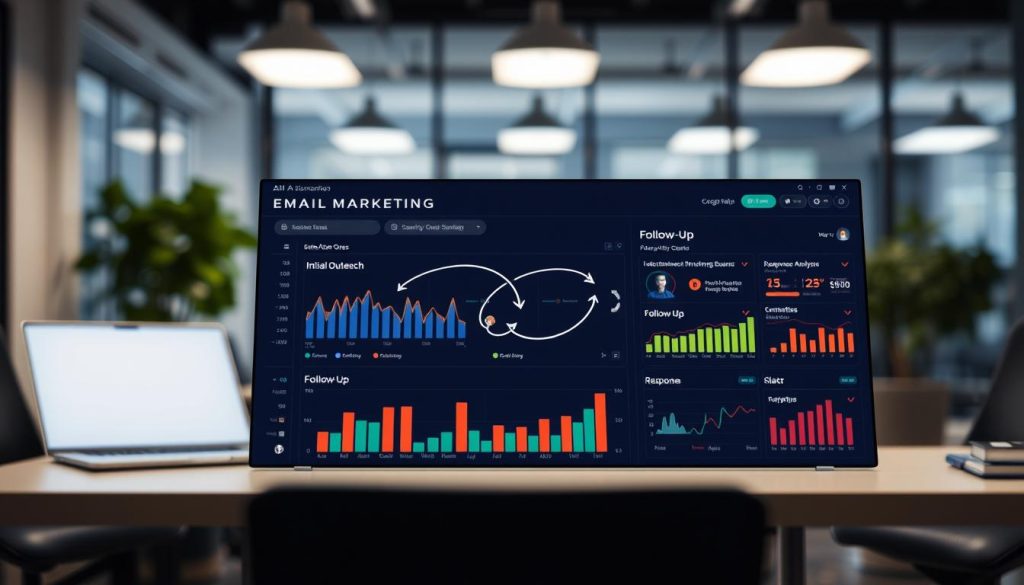 A sleek and modern email marketing AI tools dashboard displaying a detailed automation workflow. In the foreground, a dynamic user interface adorned with colorful graphs and charts showcasing email open rates, click-throughs, and automated follow-up sequences. In the middle, flowing arrows represent the automation process, connecting various stages like "Initial Outreach," "Follow-Up," and "Response Analysis." The background features a blurred office environment, infused with soft lighting that creates a professional atmosphere. The overall mood is innovative and efficient, with a sense of advanced technology. The angle is slightly elevated, providing a clear view of the dashboard, ensuring that the image conveys the sophisticated role of AI in email marketing without any text or visual clutter.
