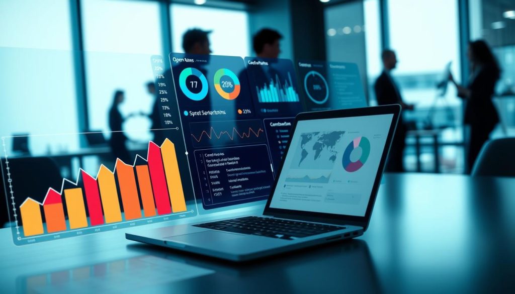 A sleek, digital dashboard displaying AI-powered email campaign success metrics. In the foreground, large, colorful graphs and charts showcase open rates, click-through rates, and conversion statistics, with distinct segments indicating improvement over time. The middle ground features a modern office desk with a high-end laptop showing snippets of code and AI algorithms running in real-time. In the background, blurred silhouettes of professionals in smart business attire collaborating, hinting at teamwork and strategy. Soft, modern lighting casts a professional ambiance, with a cool color palette of blues and greens. The perspective is slightly angled for a dynamic view, conveying a sense of innovation and success in email marketing. The overall mood is optimistic and forward-thinking.