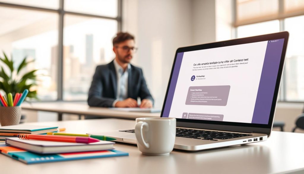 A sleek digital workspace depicting cold email automation tools for content creation. In the foreground, a modern laptop displaying an interface of AI-driven email templates surrounded by colorful stationery and a cup of coffee. In the middle ground, there's a soft-focus image of a professional in smart casual attire, working enthusiastically at a desk. The background features a bright, minimalist office with a window showcasing a city skyline, letting in warm natural light that creates a productive atmosphere. The mood is focused and innovative, with a sense of technological advancements enhancing creativity. Capture the essence of automation and AI in content creation without any text or branding elements.