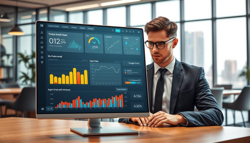 A sleek, futuristic AI-driven email outreach technology dashboard set in a modern office environment. In the foreground, a high-resolution screen displays dynamic graphs and analytics, showcasing personalized email metrics, open rates, and engagement statistics. The middle layer features a professional user in smart business attire, intently analyzing the data with a look of concentration. The background exhibits stylish office decor, with soft ambient lighting that creates a calm yet focused atmosphere. A large window reveals a cityscape, hinting at innovation and progress. A slightly tilted perspective captures the depth of the dashboard, adding a touch of dynamism to the composition. The overall mood is one of sophistication and advanced technology, emphasizing the role of AI in streamlining email outreach. A sleek, futuristic AI-driven email outreach technology dashboard set in a modern office environment. In the foreground, a high-resolution screen displays dynamic graphs and analytics, showcasing personalized email metrics, open rates, and engagement statistics. The middle layer features a professional user in smart business attire, intently analyzing the data with a look of concentration. The background exhibits stylish office decor, with soft ambient lighting that creates a calm yet focused atmosphere. A large window reveals a cityscape, hinting at innovation and progress. A slightly tilted perspective captures the depth of the dashboard, adding a touch of dynamism to the composition. The overall mood is one of sophistication and advanced technology, emphasizing the role of AI in streamlining email outreach.