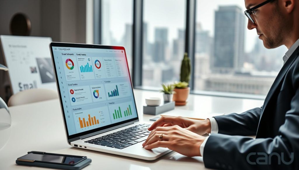 A sleek, modern AI dashboard on a laptop screen displays vibrant graphs, charts, and email templates showcasing personalized follow-up emails. In the foreground, a professional in smart business attire, focused on the screen, is typing thoughtfully. The middle ground features a stylish office setting with a minimalistic desk, stylish stationery, and a potted plant adding a touch of greenery. The background shows a large window with a city skyline visible, bathed in soft, natural light for a productive atmosphere. The image captures a sense of innovation and efficiency, embodying the fusion of technology and personalized communication in business. The scene is well-lit, with a bright, tech-inspired ambiance.