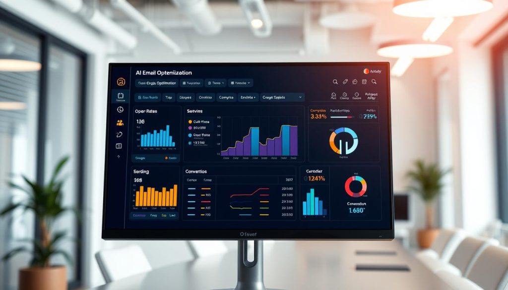 A sleek, modern AI email optimization dashboard displayed on a high-resolution monitor. The foreground features interactive graphs and charts showcasing key performance metrics, such as open rates, click-through rates, and conversion rates, all rendered in vibrant colors. The middle ground includes a digital interface with user-friendly buttons and sliders for real-time adjustments. In the background, a professional office environment subtly blurs, decorated with minimalistic design elements and soft lighting to create a focused atmosphere. The angle is slightly tilted to emphasize the dashboard's features, illuminated by a soft, overhead light, evoking a mood of innovation and efficiency. No text overlays or captions present. A sleek, modern AI email optimization dashboard displayed on a high-resolution monitor. The foreground features interactive graphs and charts showcasing key performance metrics, such as open rates, click-through rates, and conversion rates, all rendered in vibrant colors. The middle ground includes a digital interface with user-friendly buttons and sliders for real-time adjustments. In the background, a professional office environment subtly blurs, decorated with minimalistic design elements and soft lighting to create a focused atmosphere. The angle is slightly tilted to emphasize the dashboard's features, illuminated by a soft, overhead light, evoking a mood of innovation and efficiency. No text overlays or captions present.