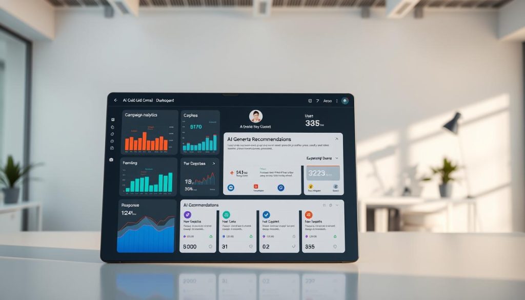 A sleek, modern dashboard interface for an AI cold email tool, prominently displayed in the foreground. The interface features multiple vibrant graphs and charts showing campaign analytics, open rates, and response metrics. In the middle ground, a user profile section showcases AI-generated recommendations for email content, with visually distinct icons and user-friendly navigation. The background consists of a minimalist office setting with soft, diffused lighting, casting a professional atmosphere. The scene is captured from a slight angle to emphasize depth, with a focus on the dashboard. The overall mood is optimistic and innovative, reflecting the rise of AI technology in marketing.