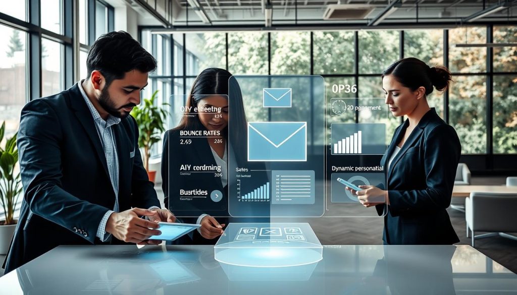 A sleek, modern office environment illustrating the challenges and solutions of automating cold email campaigns with AI. In the foreground, a diverse group of three professionals in business attire collaborates over a digital tablet, analyzing complex data visualizations and AI algorithms. In the middle, a large holographic display shows various metrics related to email campaigns, such as open rates and engagement levels, highlighting both challenges like "bounce rates" and solutions like "dynamic personalization." The background features a contemporary office with large windows letting in natural light, decorated with plants and modern furniture to convey a productive atmosphere. The overall mood is focused and professional, with soft lighting emphasizing the innovative technology. The angle should be slightly above eye level, capturing the teamwork and advanced technology seamlessly.