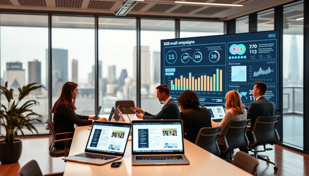A sleek, modern office environment with a contemporary digital workspace in the foreground. Display a large screen showcasing data analytics and AI-driven insights related to B2B email campaigns. In the middle ground, depict a diverse team of professionals in business attire, engaging in collaborative discussions around a conference table, with laptops and digital devices displaying personalized email templates. The background features a glass wall with cityscape views, enhancing the high-tech atmosphere. Soft, ambient lighting adds a warm and inviting mood, while sharp focus highlights the central elements and subtle blurring in the background to emphasize the workflow concept. A sleek, modern office environment with a contemporary digital workspace in the foreground. Display a large screen showcasing data analytics and AI-driven insights related to B2B email campaigns. In the middle ground, depict a diverse team of professionals in business attire, engaging in collaborative discussions around a conference table, with laptops and digital devices displaying personalized email templates. The background features a glass wall with cityscape views, enhancing the high-tech atmosphere. Soft, ambient lighting adds a warm and inviting mood, while sharp focus highlights the central elements and subtle blurring in the background to emphasize the workflow concept.