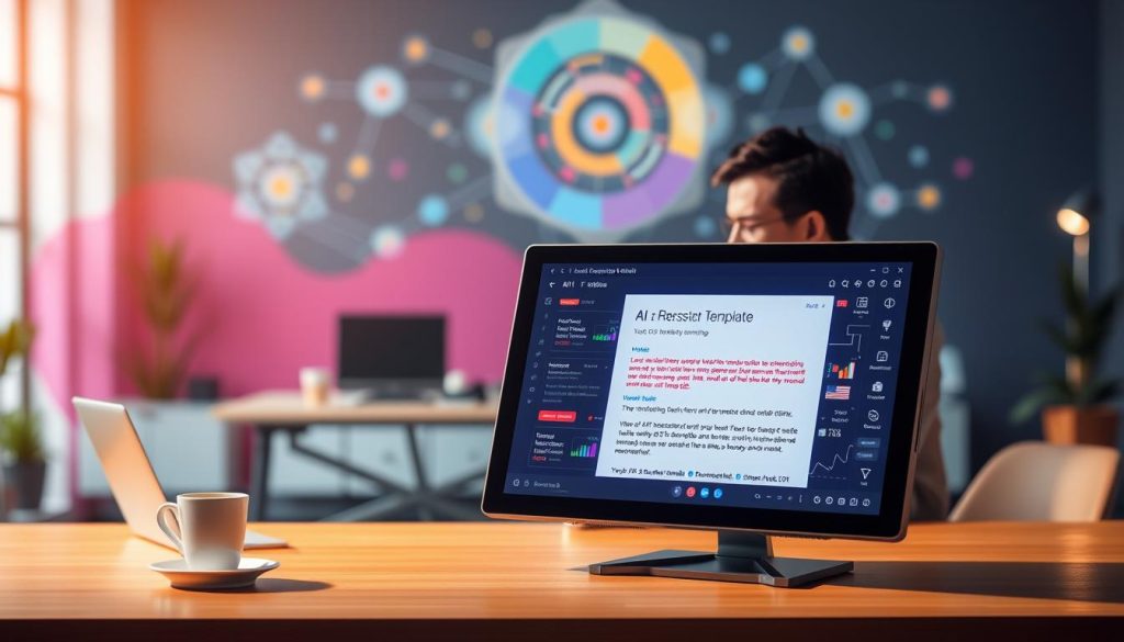 A visually engaging composition illustrating "personalization in AI cold emails." In the foreground, a digital screen displays a cold email template personalized with various AI-generated elements, like dynamic data visualizations and recipient names in bright colors. In the middle ground, an office space is set up with a modern desk, laptop, and coffee cup, where a professional dressed in business attire thoughtfully reviews the screen. In the background, soft abstract shapes representing AI algorithms and data streams blend into an inviting, tech-savvy environment with warm lighting that creates a collaborative atmosphere. Use a slight depth-of-field effect to focus on the email screen while subtly blurring the background, enhancing the theme of personalization through AI innovation.