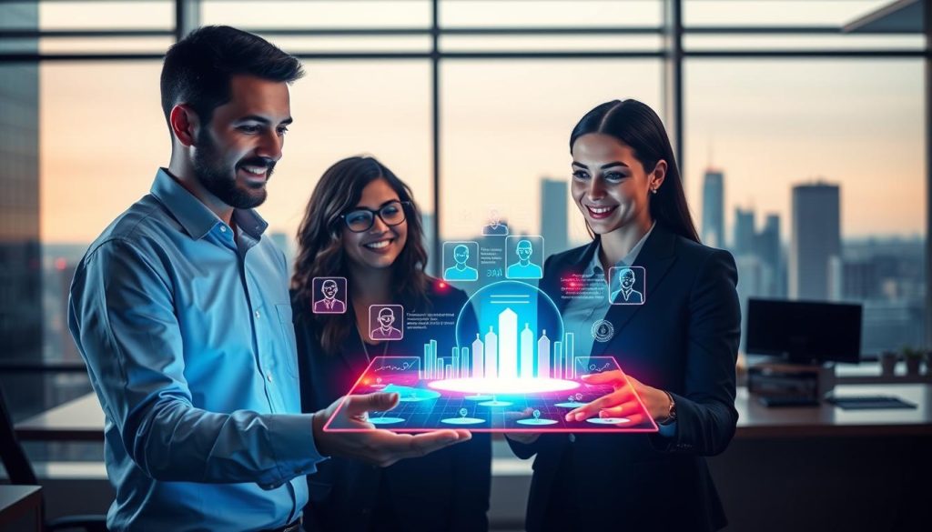 A visually engaging illustration of AI-driven customer engagement benefits, showcasing a diverse group of professionals in a modern, sleek office environment. In the foreground, a male and female team member, dressed in smart business attire, collaboratively analyze data on a futuristic holographic display, glowing with vibrant colors. In the middle, visuals of customer personas and personalized recommendations float around them, highlighted by soft, diffused lighting that creates an inviting atmosphere. The background features a large window displaying a city skyline, symbolizing connectivity and growth. The overall mood is optimistic and innovative, emphasizing the transformative power of AI in enhancing customer experiences. Capture the scene from a slightly elevated angle, providing depth and perspective. A visually engaging illustration of AI-driven customer engagement benefits, showcasing a diverse group of professionals in a modern, sleek office environment. In the foreground, a male and female team member, dressed in smart business attire, collaboratively analyze data on a futuristic holographic display, glowing with vibrant colors. In the middle, visuals of customer personas and personalized recommendations float around them, highlighted by soft, diffused lighting that creates an inviting atmosphere. The background features a large window displaying a city skyline, symbolizing connectivity and growth. The overall mood is optimistic and innovative, emphasizing the transformative power of AI in enhancing customer experiences. Capture the scene from a slightly elevated angle, providing depth and perspective.