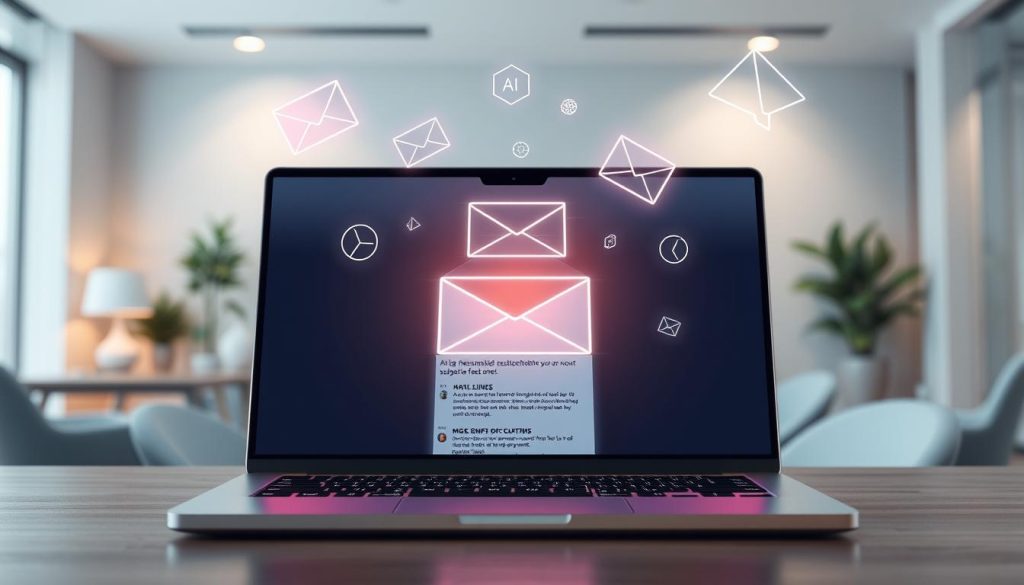 A visually engaging illustration of "AI email customization personalization factors," featuring a split-screen composition. In the foreground, a sleek laptop with a glowing screen displaying a personalized email interface, showcasing tailored subject lines and content. The middle ground includes floating digital icons representing AI, data analytics, and user preferences, symbolizing the technology behind the customization. In the background, a modern office setting with soft, diffused lighting creating a professional atmosphere, and abstract shapes symbolizing complexity and analysis subtly integrated. The mood is innovative and focused, highlighting the contrast between AI personalization and traditional spam emails, without using text or clutter. Aim for a clear focus on technology and professionalism with a smooth, uncluttered aesthetic.