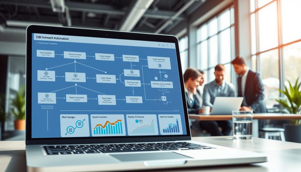A visually engaging illustration of a B2B outreach automation workflow, showcasing a sleek digital interface with interconnected nodes and icons representing various stages. In the foreground, a laptop displays flowcharts and analytics dashboards with dynamic graphs indicating performance metrics. The middle layer features diverse professionals in business attire collaborating over the laptop, emphasizing teamwork and strategy in outreach efforts. The background includes a modern office space with large windows allowing natural light to flood in, creating a bright and inviting atmosphere. The overall mood is one of innovation and professionalism, highlighting the significance of automated outreach in a corporate setting. Use soft lighting to give a contemporary feel, capturing a sense of forward-thinking and efficiency. A visually engaging illustration of a B2B outreach automation workflow, showcasing a sleek digital interface with interconnected nodes and icons representing various stages. In the foreground, a laptop displays flowcharts and analytics dashboards with dynamic graphs indicating performance metrics. The middle layer features diverse professionals in business attire collaborating over the laptop, emphasizing teamwork and strategy in outreach efforts. The background includes a modern office space with large windows allowing natural light to flood in, creating a bright and inviting atmosphere. The overall mood is one of innovation and professionalism, highlighting the significance of automated outreach in a corporate setting. Use soft lighting to give a contemporary feel, capturing a sense of forward-thinking and efficiency.