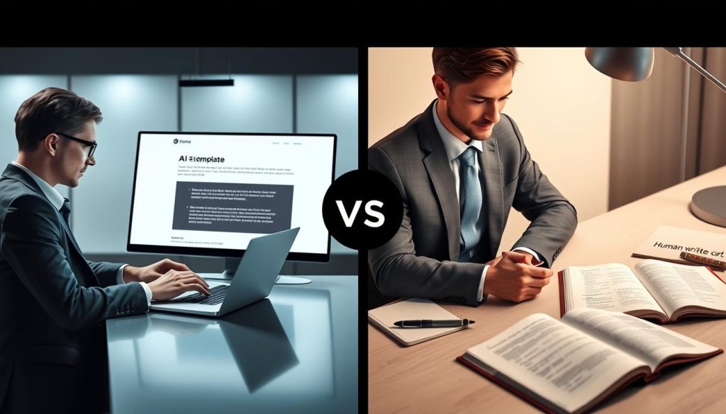 A visually engaging split-screen image illustrating "AI sales email templates writing style comparison." On the left, a sleek, modern workspace featuring a professional person in smart business attire, using a laptop to draft an email. Their screen displays an AI email template, with elegant design elements, smooth lines, and a digital feel. On the right, a minimalist desk with handwritten notes and an open notebook, showcasing human-written email drafts in a warm, personable style. The background fades to light, neutral tones to emphasize the contrast. Soft, ambient lighting enhances the professional yet approachable atmosphere, suggesting a connection between AI and human creativity in email writing. The image captures the essence of comparison without any text.