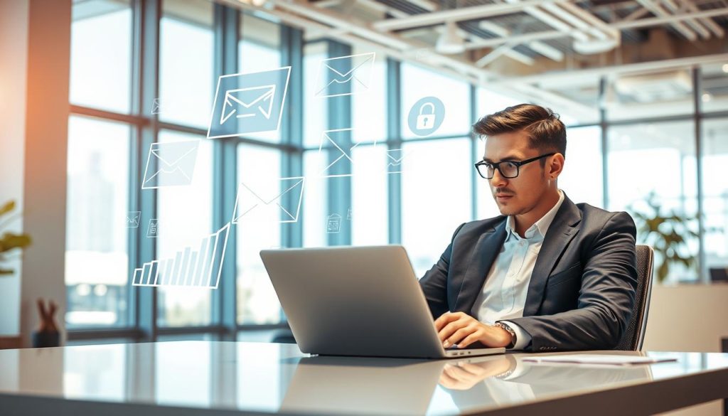 A visually striking composition illustrating the challenges of AI-powered email automation. In the foreground, a professional individual in smart business attire sits at a sleek desk with an open laptop, appearing contemplative as they analyze graphs and digital interfaces showcasing email statistics. The middle layer features floating icons representing common AI challenges, such as data privacy, personalization, and decision-making, depicted as semi-transparent holograms. In the background, a modern office environment with large windows allows natural light to flood in, creating a bright atmosphere. The angle should be slightly elevated to capture the depth of the scene, with a warm color palette emphasizing optimism amidst challenges. This image conveys a sense of dedication and problem-solving in the realm of AI email generation.