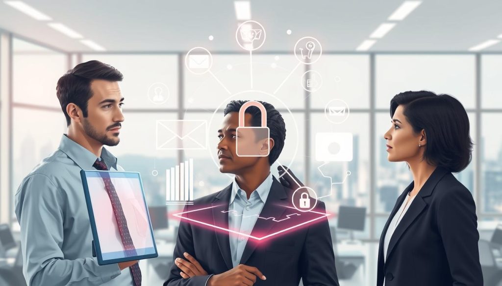 A visually striking illustration depicting the ethical considerations of AI in email outreach. In the foreground, a diverse group of three professionals in business attire, looking thoughtfully at a digital screen displaying email metrics. The middle layer features a holographic representation of interconnected AI icons and ethical symbols like a balance scale and a lock. In the background, a modern office environment with soft white lighting and large windows showing a cityscape. The scene conveys a mood of serious contemplation and innovation, emphasizing the blend of technology and ethics in communication. Capture the essence of balance between AI efficiency and ethical responsibility, highlighting a conversation around AI's impact on interpersonal connections.