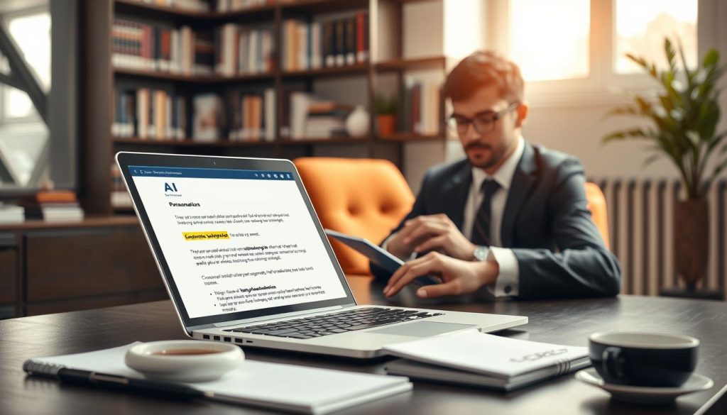 A well-composed office scene showcasing best practices for sending AI cold emails, featuring a professional individual in smart business attire meticulously crafting an email on a sleek laptop. In the foreground, a close-up of the laptop screen displays an email draft with highlighted key elements like personalization, concise subject lines, and a strong call to action. The middle ground includes a stylish desk with notepads and a cup of coffee, symbolizing productivity. In the background, soft-focus shelves lined with books about AI and email marketing create an intellectual atmosphere. The lighting is warm and inviting, with natural light streaming through a window, creating a focused yet relaxed mood that encourages effective communication.