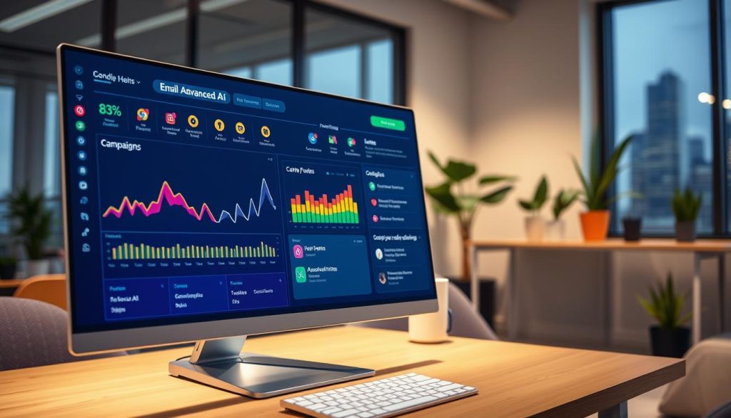 An advanced AI email marketing dashboard displayed on a sleek, modern computer screen. The foreground features a close-up of the dashboard, showing colorful graphs, campaign metrics, and automation workflows with icons representing emails being sent. In the middle, there is a soft glow emanating from the screen, highlighting user-friendly features and options for targeting audiences. The background is a stylish office environment with a minimalistic design, incorporating elements like a wooden desk, potted plants, and a faint city skyline visible through a window. The lighting is bright yet warm, creating an inviting and professional atmosphere, captured from a slightly elevated angle to showcase the full depth of the dashboard.