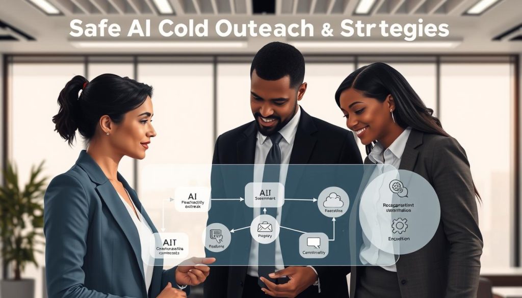 An illustration depicting a "Safe AI Cold Outreach Strategies Implementation Framework." In the foreground, a diverse group of three professionals in business attire—one Caucasian woman, one Black man, and one Hispanic woman—are collaboratively analyzing a digital interface displaying a structured flowchart of strategies. In the middle ground, various icons symbolizing AI technology, communication tools, and compliance protocols are interconnected around the flowchart, creating a sense of integration and collaboration. The background features a sleek, modern office with large windows letting in soft, natural light, illuminating the workspace and adding a sense of productivity and focus. The mood is professional yet innovative, suggesting a forward-thinking approach to addressing the risks associated with AI in cold outreach. An illustration depicting a "Safe AI Cold Outreach Strategies Implementation Framework." In the foreground, a diverse group of three professionals in business attire—one Caucasian woman, one Black man, and one Hispanic woman—are collaboratively analyzing a digital interface displaying a structured flowchart of strategies. In the middle ground, various icons symbolizing AI technology, communication tools, and compliance protocols are interconnected around the flowchart, creating a sense of integration and collaboration. The background features a sleek, modern office with large windows letting in soft, natural light, illuminating the workspace and adding a sense of productivity and focus. The mood is professional yet innovative, suggesting a forward-thinking approach to addressing the risks associated with AI in cold outreach.